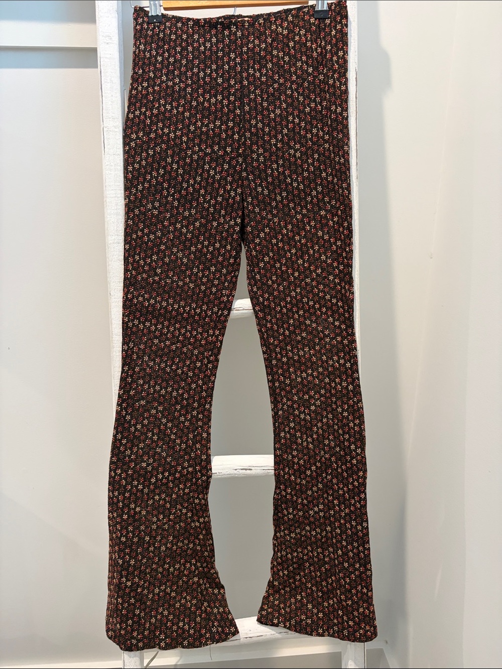 Free People Black Knit Pants with Metallic Thread and Pink Floral Embroidery